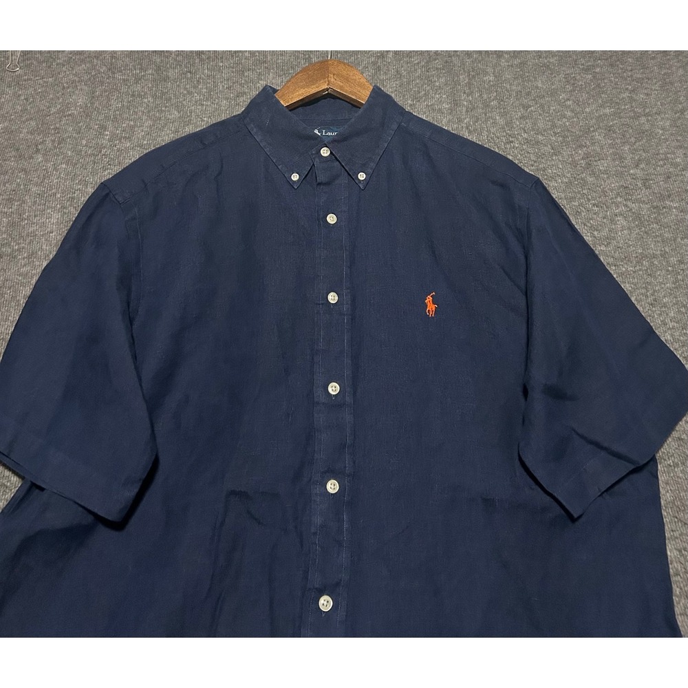 Ralph lauren classic fit linen button down shirt short sleeve Large blue